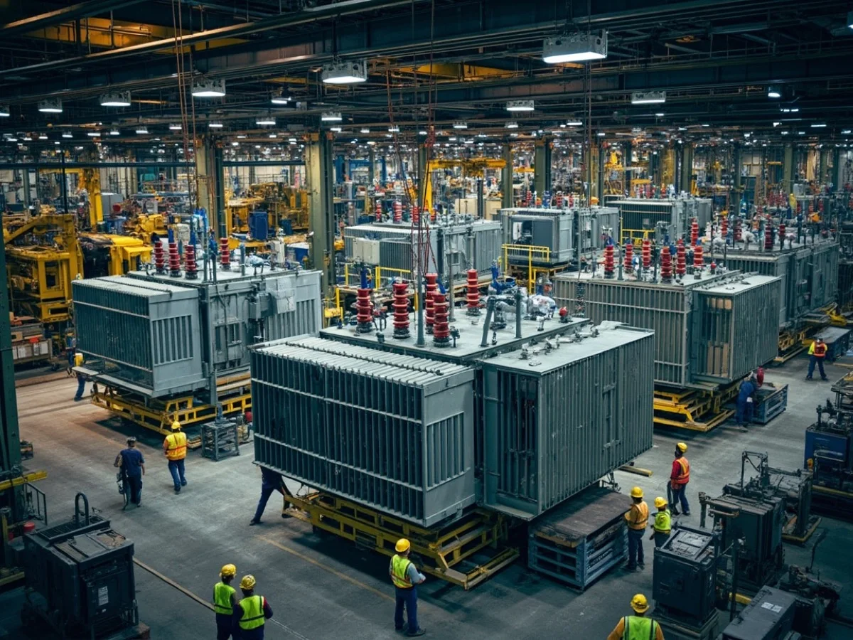 Large scale contract manufacturing floor with multiple transformer units in production