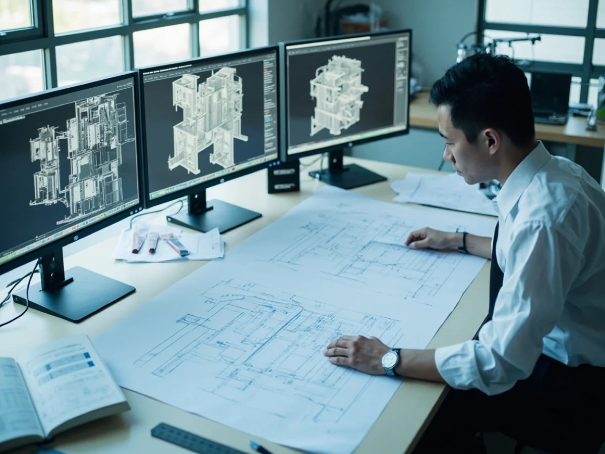 Engineer reviewing custom transformer technical drawings for specialized OEM specifications