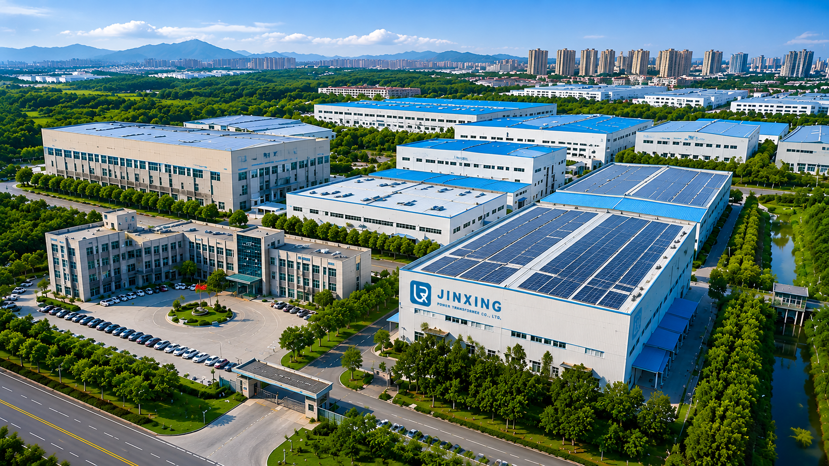Aerial view of a JINXING transformer manufacturing network campus