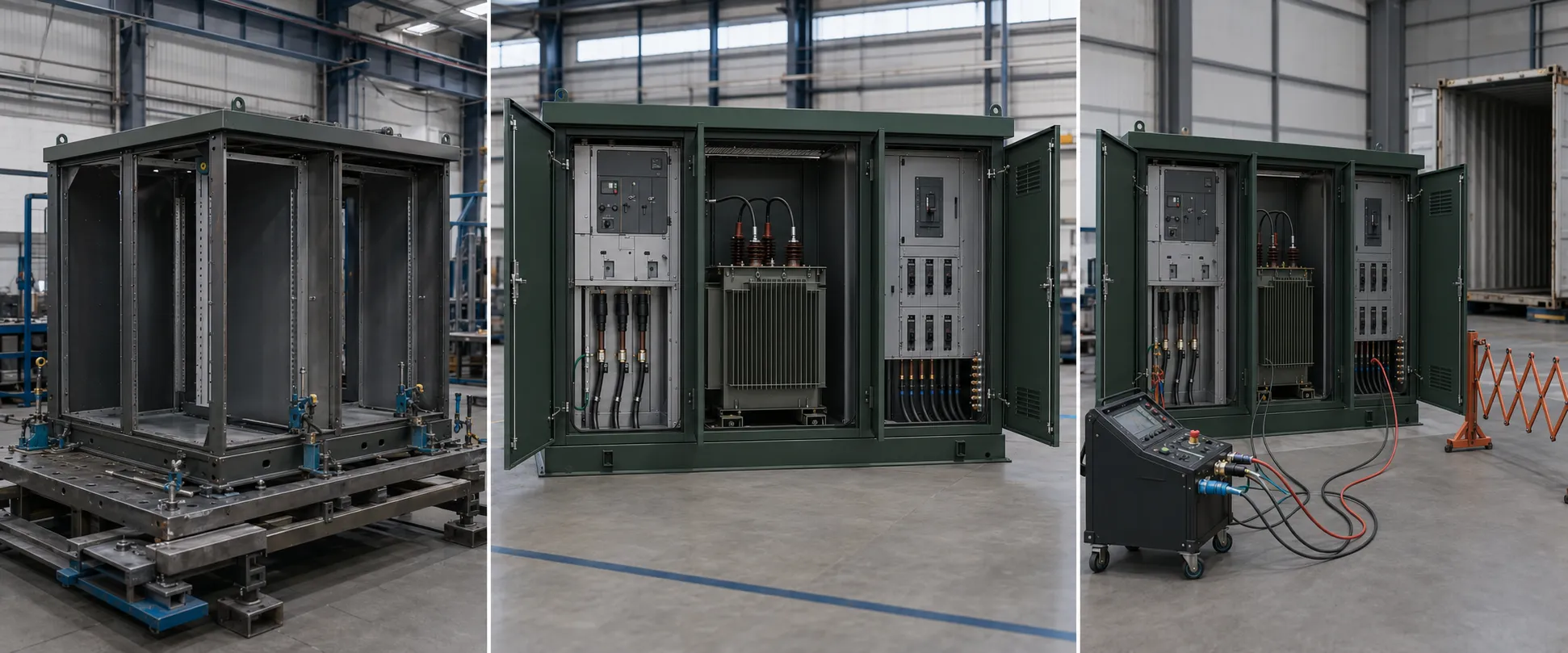 Compact substation enclosure fabrication, internal assembly and factory testing