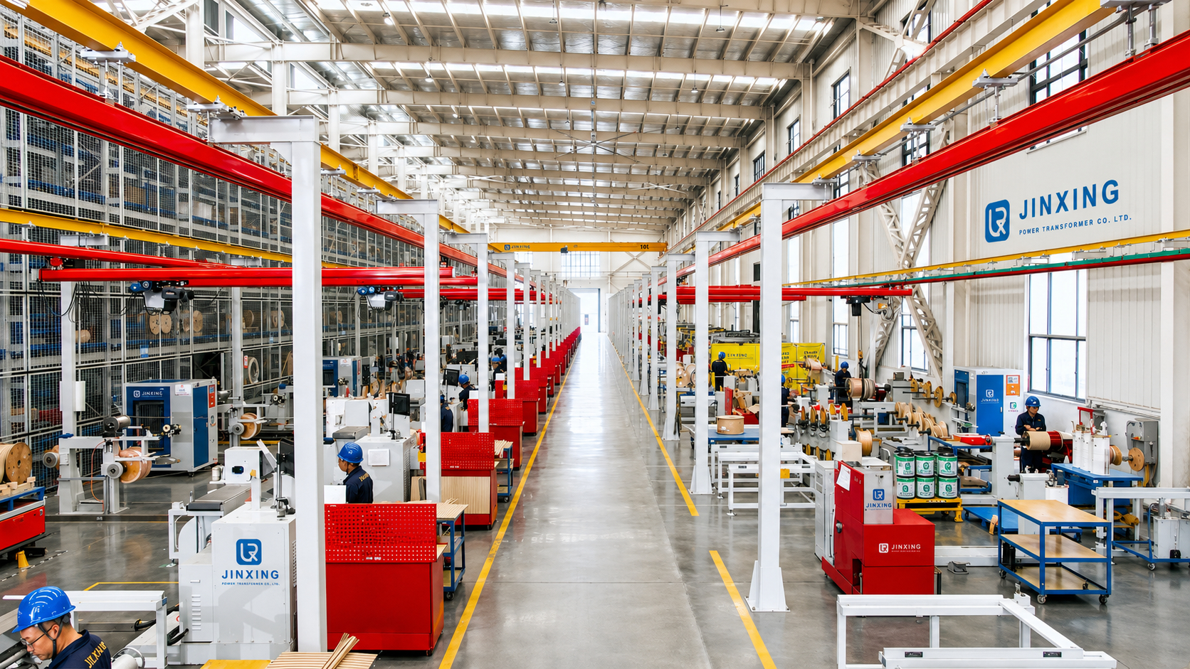 Power transformers under manufacture in the JINXING factory workshop