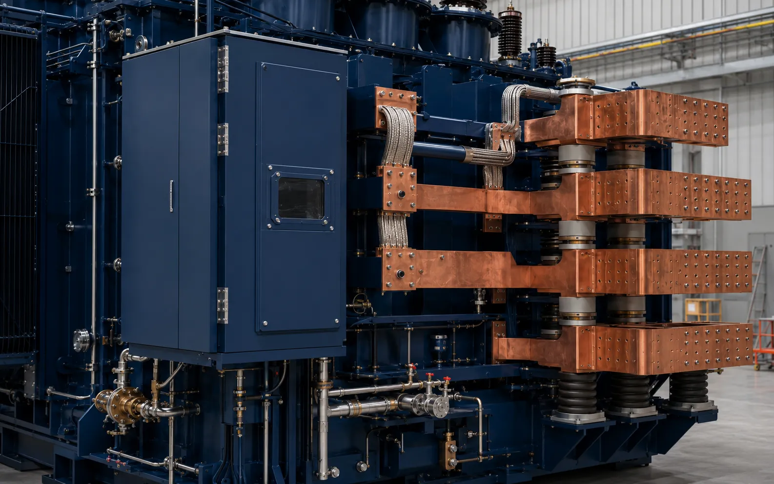 High-current copper busbars and cooling connections on a rectifier transformer