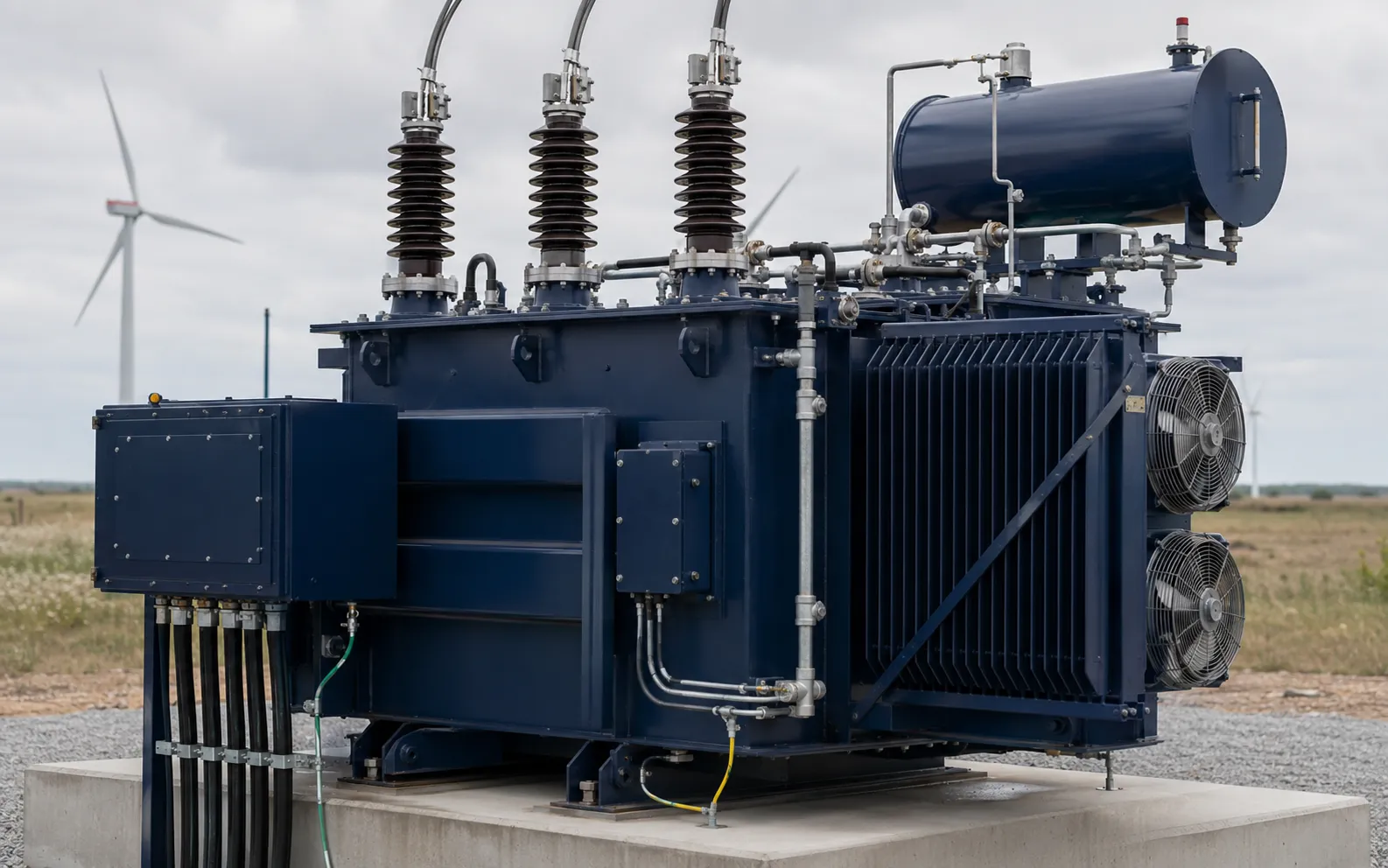 Wind power transformer cooling, terminals and monitoring details