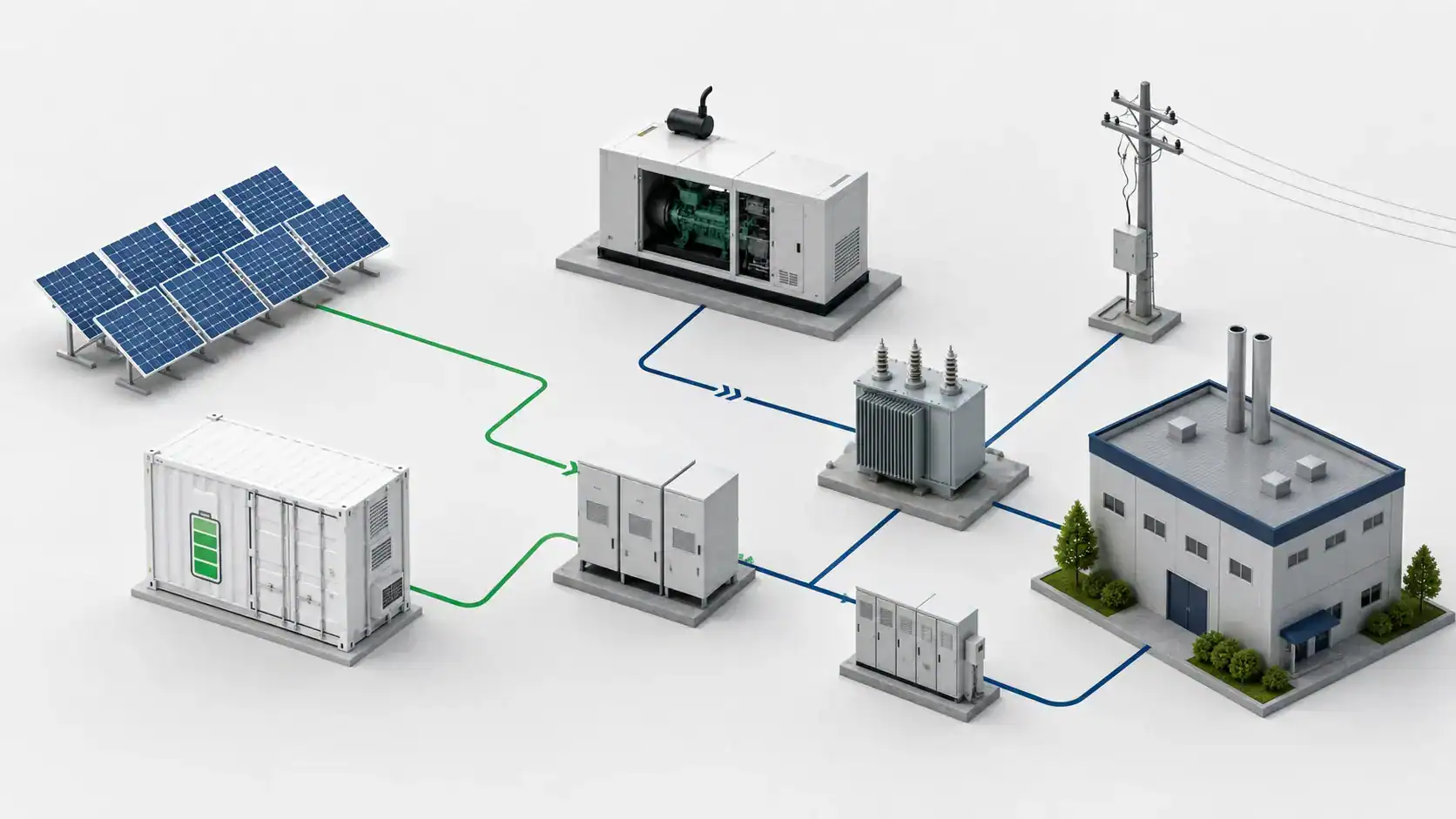 Hybrid microgrid topology showing solar, storage, generation and distribution